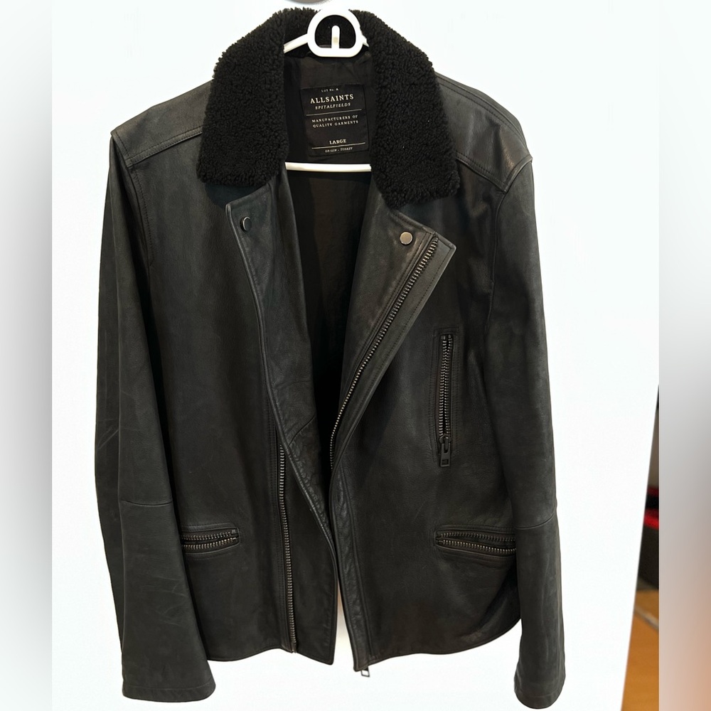 Mens All Saints Leather Jacket with Shearling Collar